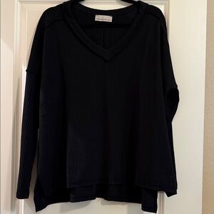 Zenana Raised Rib Black V-Neck Knit Pullover